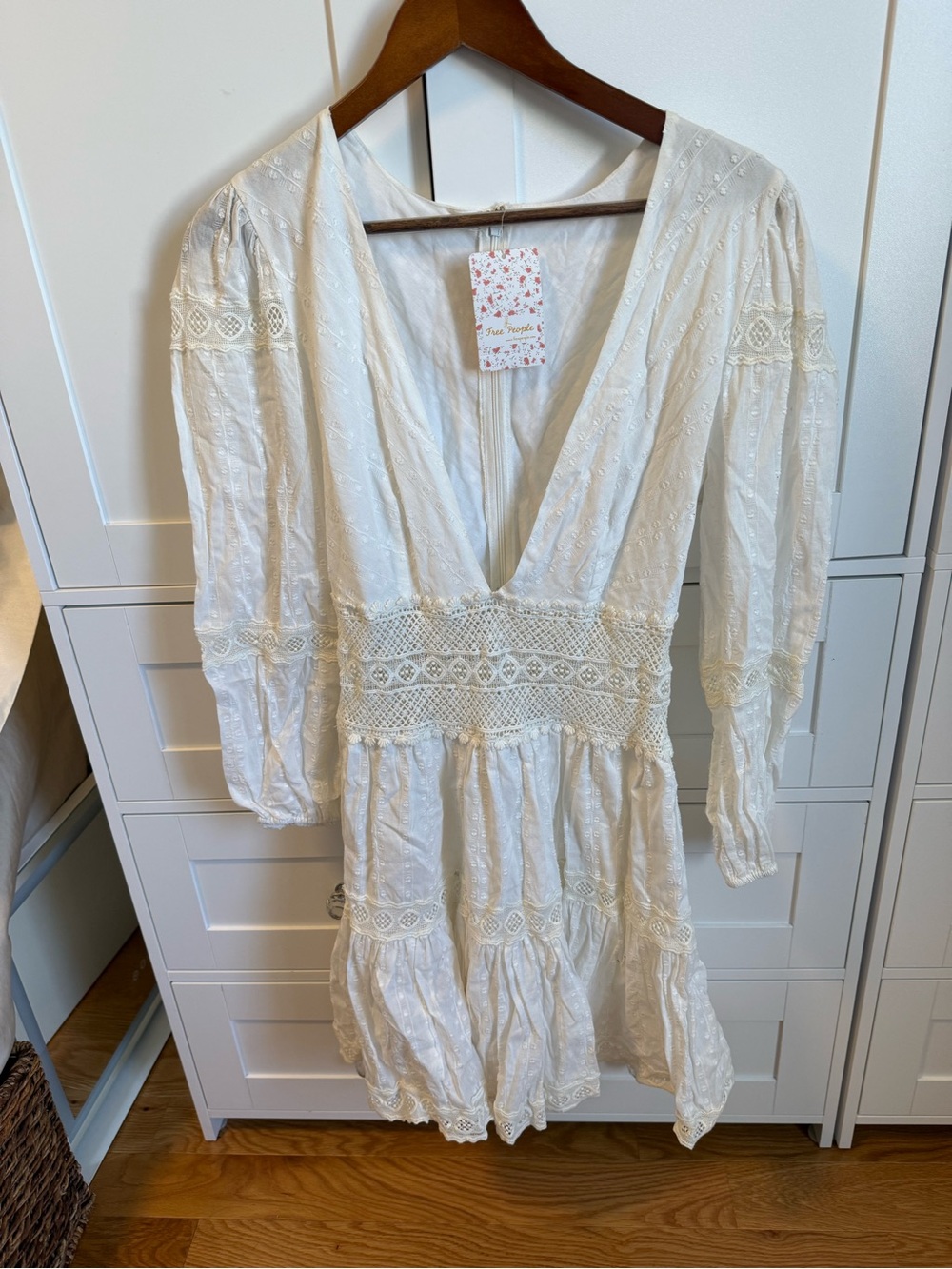 Free People Ivory Embroidered V-Neck Long Sleeve Mini Dress